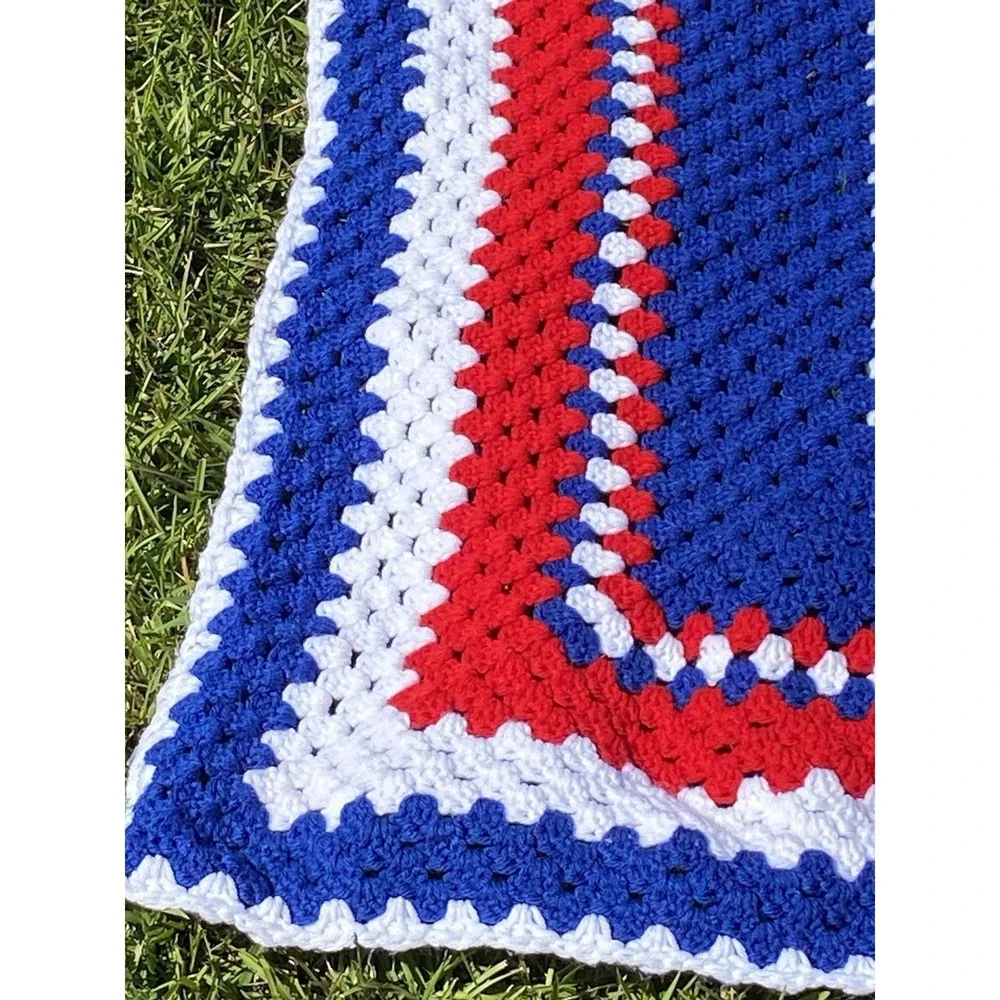 Afghan Crochet 63x58 Red White Blue Fourth Of July Patriotic Throw Blanket